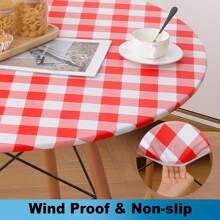 1pc Round Checkered Tablecloth With Elasticity, Waterproof Vinyl Table Top Protector And Flannel Backing, Suitable For Picnic, Camping, Indoor And Outdoor Use - Red - View 3