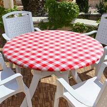1pc Round Checkered Tablecloth With Elasticity, Waterproof Vinyl Table Top Protector And Flannel Backing, Suitable For Picnic, Camping, Indoor And Outdoor Use - Red - View 1