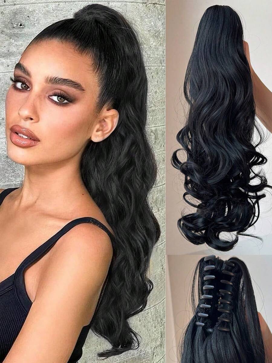 Cái vuốt Phần mở rộng tóc đuôi ngựa Phụ kiện tóc 22 Inch Đen Dài Tự nhiên Xoăn Sóng Chống nóng Chất xơ Sợi tổng hợp Tóc đuôi gà Tóc giả piece Cho cô gái NỮ Hằng ngày