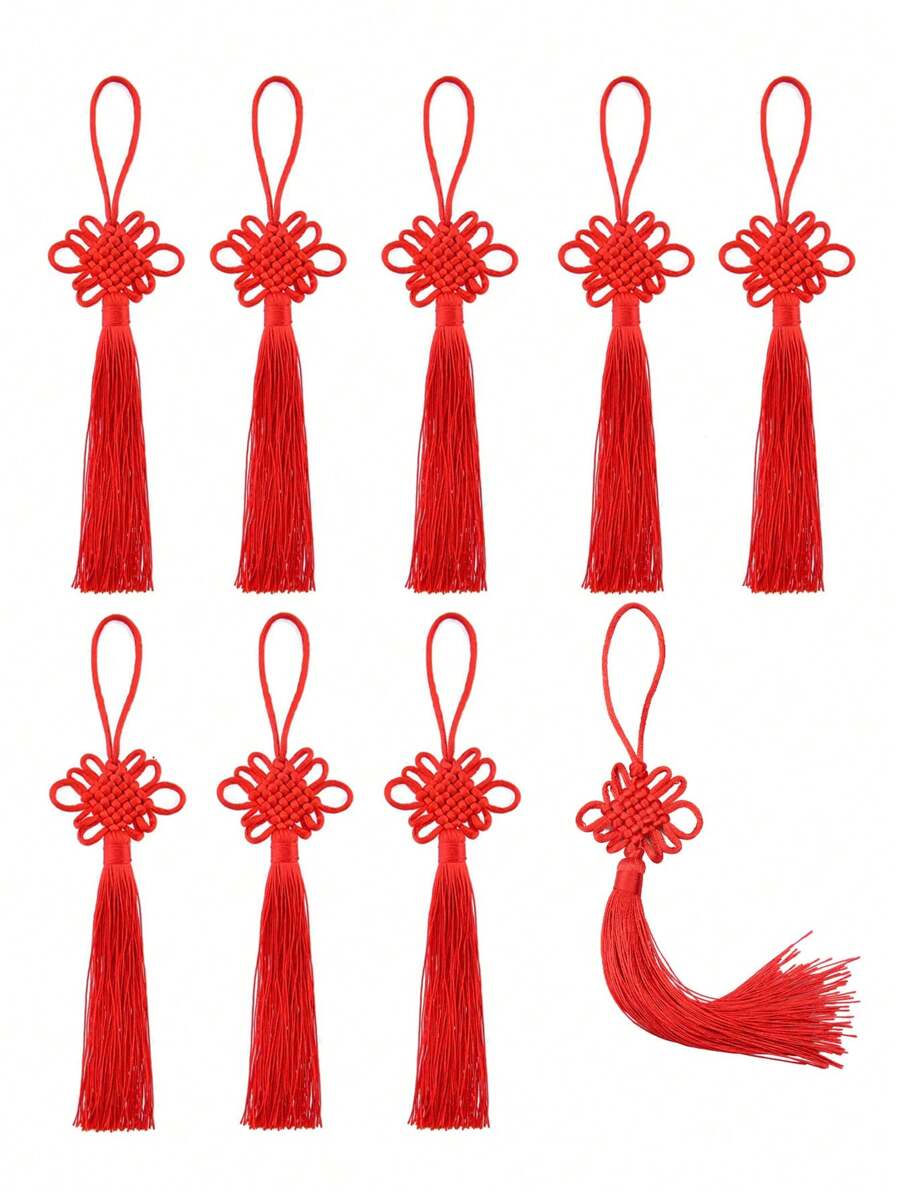 5 件裝紅色結手工絲綢流蘇財富流蘇綢緞新年禮物春節裝飾品農曆新年裝飾品 Diy 工藝品家居裝飾品 - 紅色 - 查看 1