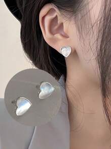 一對純銀 S925 銀復古簡約優雅奢華可愛白貝殼愛心耳環女式女孩時尚時尚耳圈日常生活派對珠寶禮物