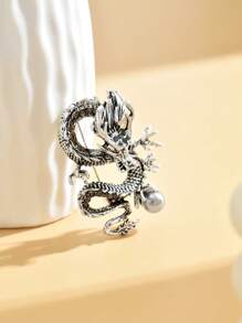 1pc Vintage Dragon Shaped Brooch With Faux Pearl Decoration For Men's Suit Coat Accessory - Antique Silver - View 1