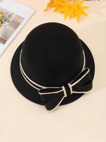 1件女士黑帽，秋冬時尚英式蓋帽，蝴蝶結優雅時尚圓頂針織毛氈帽 - 黑色 - 查看 4