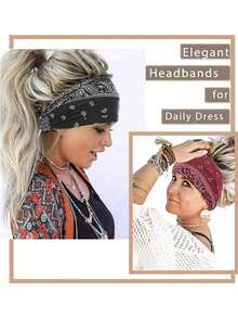 10 件装波西米亚风头带女士时尚弹力宽发带打结头巾头带瑜伽跑步吸汗带弹性头带时尚缠绕头带青少年女孩发饰 - 黑色 - 查看 3