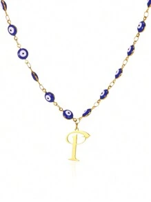 1pc Gold Stainless Steel Blue Evil Eye Initial A-Z Pendant Necklace Suitable For Women, Festival Gift