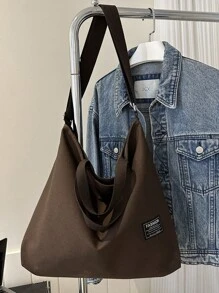 1入組 可調節休閒簡約純色帆布肩包,適用於工作和上學通勤使用 - 咖啡棕 - 查看 6