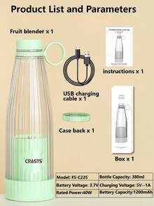 CRASTS Portable Blender Household Multifunctional Mini Fruit Juicer Usb Rechargeable Juice Extractor Fs-C225, Suitable For Home Use And Travel - Mint Green - View 12