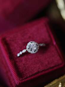 1pc Glamorous Sterling Silver Cubic Zirconia Round Decor Ring For Women For Friend's Gift Wedding Engagement Bridal Jewelry - Silver - View 2