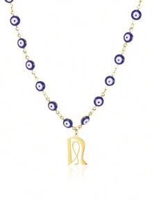 1pc Gold Stainless Steel Blue Evil Eye Initial A-Z Pendant Necklace Suitable For Women, Festival Gift