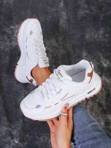 女士輕便休閒Ins風運動厚底深口運動鞋，前綁帶設計 - 卡其色 - 查看 7