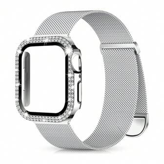 1set Fashionable 3-In-1 Magnetic Stainless Steel Milanese Loop Band & Screen Protector Case With Double Row Diamonds Compatible With Apple Watch 38mm 40mm 41mm 45mm 44mm 42mm 46mm 49mm, Apple Watch Ultra Series Ultra 9 8 7 6 5 4 3 2 1 SE Series 10, Comfortable Breathable Replacement Watch Strap, Scratch-Resistant Waterproof Protective Case For Women And Men