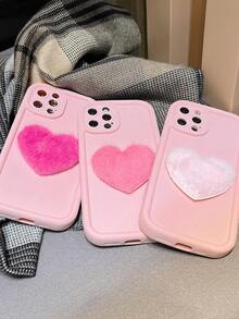 1pc Plush Heart Design Three Colors Phone Case Compatible With IPhone, Shockproof - Pink - View 3