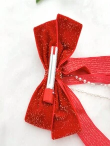 1pc Women'S Hair Clip, Red Bowknot With Rhinestone & Pearl & Pompon Decor - Red - View 5