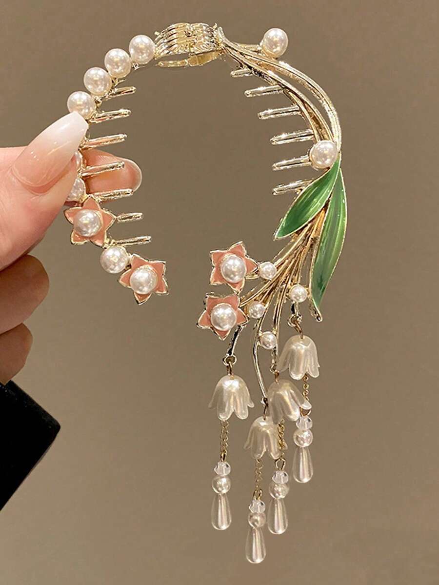 1 Hoa Nữ & Ngọc Trai Giả Trang Trí Vuốt Tóc Sang Trọng Trang Trí Tóc - Vàng - Xem 1