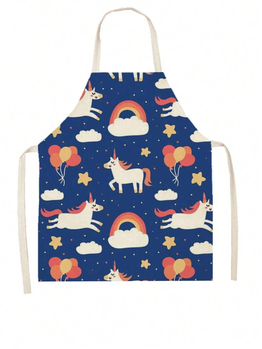 1pc Linen Apron With Unicorn, Butterfly, Dog, Lightbulb And I Love You Pattern - Silver - View 1