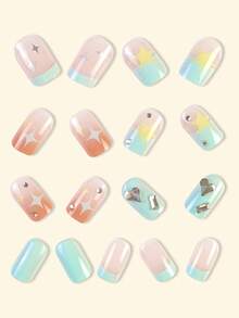 增強您的外觀 Y2k 24 件手工 3d 繪畫心形超光澤按壓指甲短粉紅色法式漸變星星圖案可愛時尚假指甲帶水鑽光澤可重複使用女式假指甲 - 粉色 - 查看 4