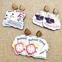 2024年歐美返校單面印花木質掛墜耳環,校園學生日常簡約耳環1對 - 彩色的 - 查看 1