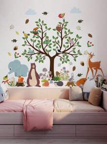 Colorful Forest Animals And Tree Branch Wall Stickers With Elephant Cartoon Characters, For Living Room, Bedroom, Kids Room Decor - Multicolor - View 4
