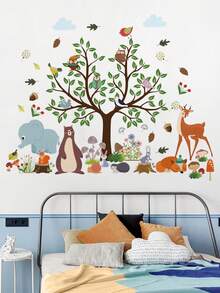 Colorful Forest Animals And Tree Branch Wall Stickers With Elephant Cartoon Characters, For Living Room, Bedroom, Kids Room Decor - Multicolor - View 3