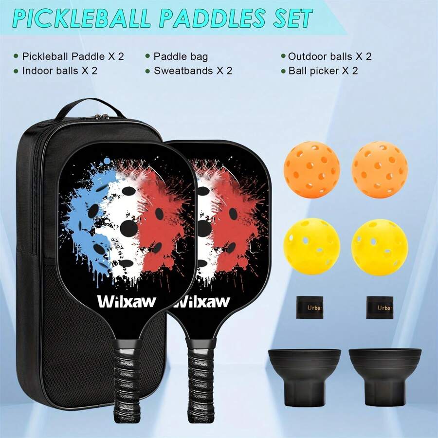 Carbon Fiber Pickleball Paddles Set 2 Paddles, 4 Balls, 2 Grips, 2