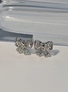 1對中空蝴蝶結精細耳釘,銀92518k金鍍時尚珠寶送給我女兒,適合婚禮情人節 - 銀色 - 查看 4