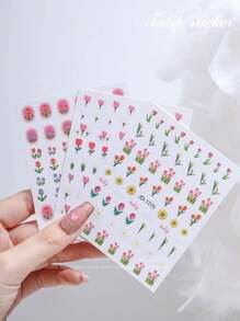 1 件日式美甲貼紙搭配鬱金香浮雕效果與模糊花瓣,秋冬新款設計,僅限美甲 - 彩色 - 查看 5
