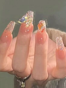 24入組棺材形狀純冰3d蝴蝶鑲嵌手工假指甲,附1pc指甲修整梳,適用於派對、舞會或日常穿著 - 粉色 - 查看 8