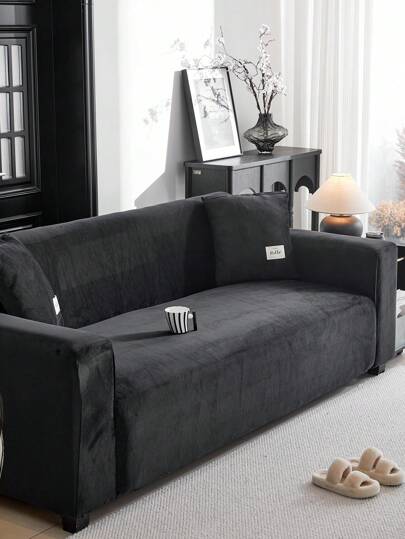 1入組冬季保暖純色彈性沙發套，現代簡約風格防滑單片式沙發保護套，適用於L型沙發和1/2/3/4座沙發，附贈一個枕頭套的狐狸絨沙發套