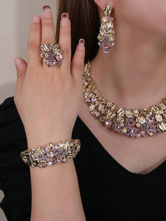 5pcs/Set Gorgeous Colorful Rhinestone Flower Shaped Jewelry Set, Including Necklace, Bracelet, Ring And Earrings, Suitable For Wedding And Elegant Evening Parties Valentines