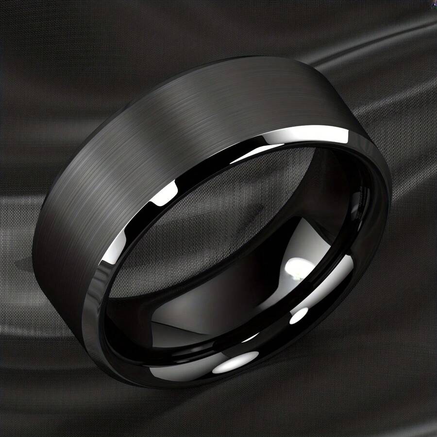 Fashionable And Beautiful Business High Polishing Stainless Steel Men's Black Brushed Silver Edge Wedding Ring Engagement Ring,