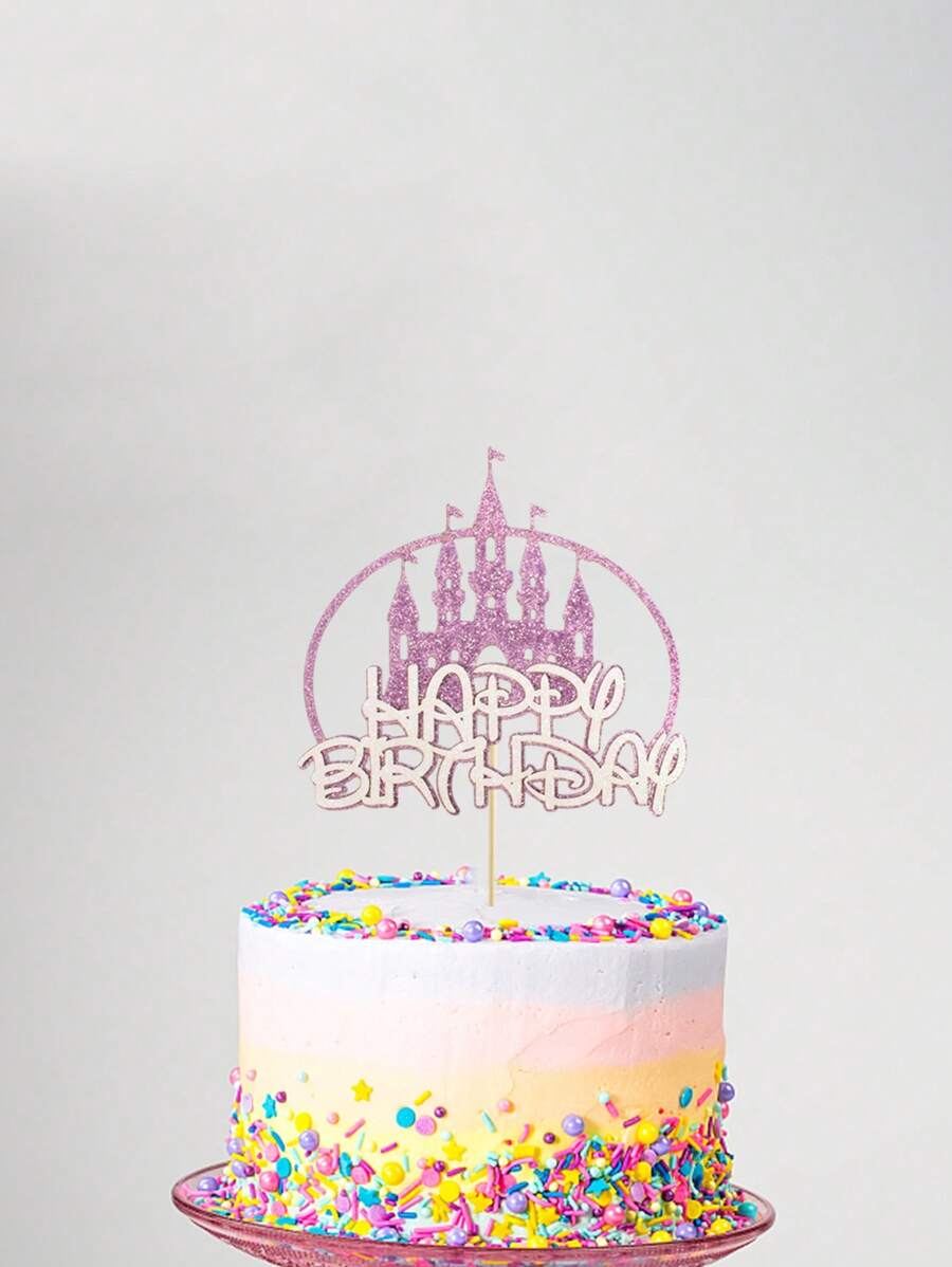 1个预组装粉色闪光公主城堡蛋糕装饰插牌 - 女孩生日派对童话主题生日快乐装饰 - 彩色 - 查看 1