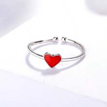 1pc Exquisite Red Heart Design Copper Ring, Great Gift Option For Women'S Daily Wear - Silver - View 6