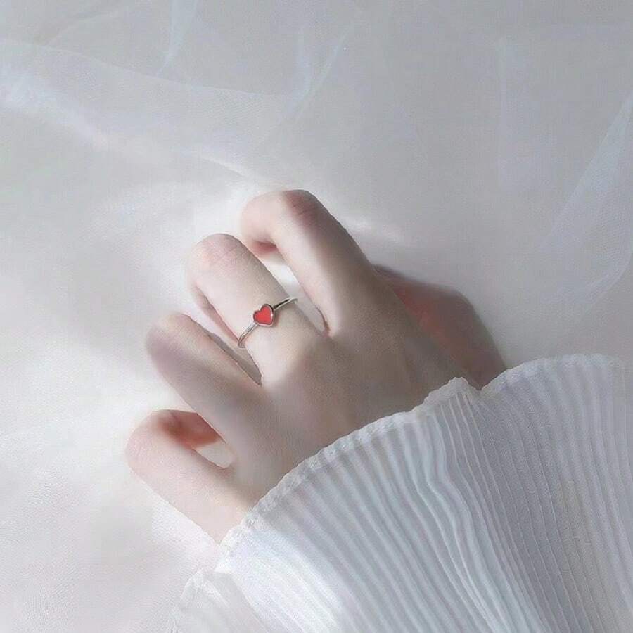 1pc Exquisite Red Heart Design Copper Ring, Great Gift Option For Women'S Daily Wear - Silver - View 1