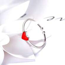 1pc Exquisite Red Heart Design Copper Ring, Great Gift Option For Women'S Daily Wear - Silver - View 7