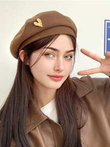 1 件女士复古休闲兔毛贝雷帽，经典英伦风格，金属标签，百搭海军帽，秋冬季，报童帽凸显脸部情人节 - 咖啡棕 - 查看 3