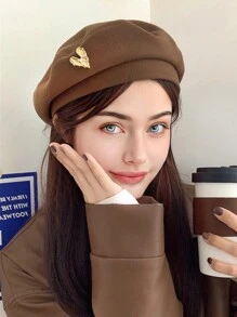 1 件女士复古休闲兔毛贝雷帽，经典英伦风格，金属标签，百搭海军帽，秋冬季，报童帽凸显脸部情人节 - 咖啡棕 - 查看 4