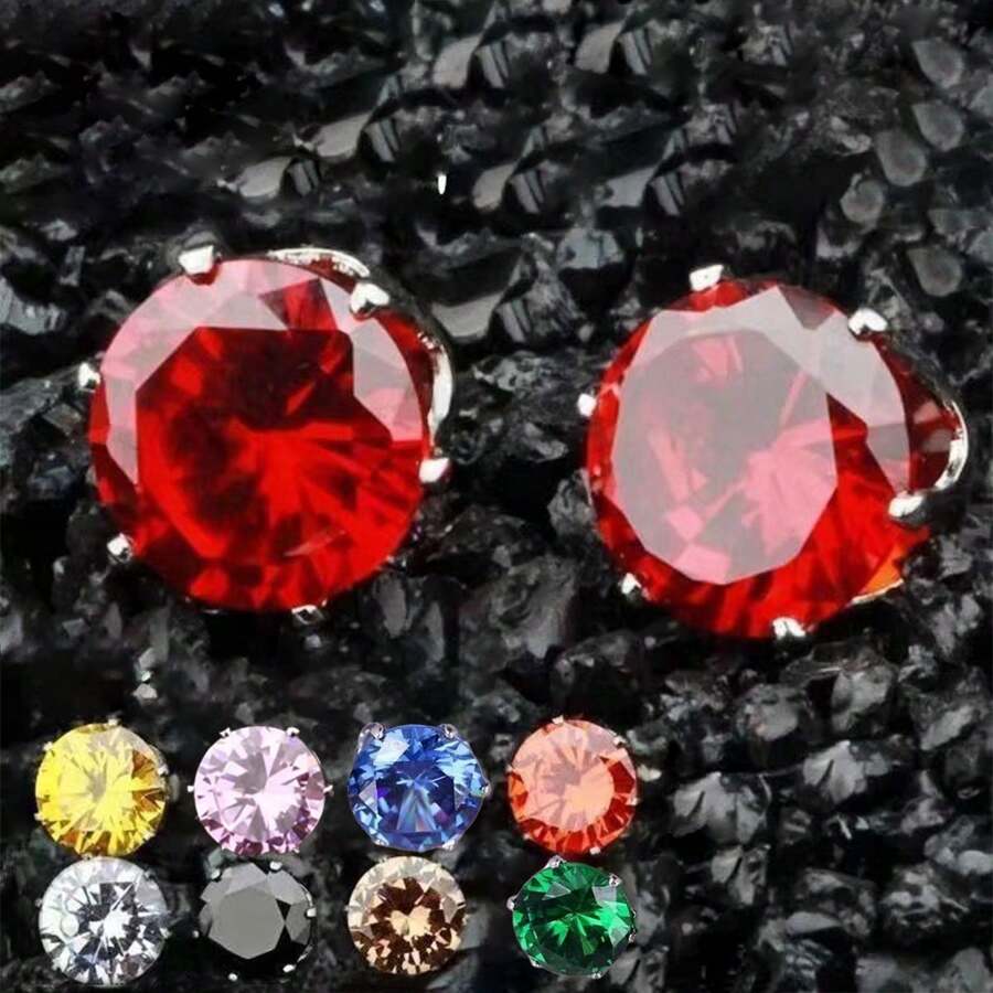 PMKMKM 1對 8mm 白色不銹鋼圓形合成鑽彩色耳針（黃色/藍色/綠色/紅色/粉紅色/香檳色/黑色/白色） - 白色 - 查看 1