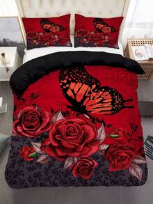 3 件套浪漫花卉圖案羽絨被套套裝,玫瑰花蝴蝶印花床上用品套裝柔軟舒適羽絨被套帶枕套,適用於臥室、客房（1 * 羽絨被套 + 2 * 枕套,無芯） - 彩色 - 查看 4
