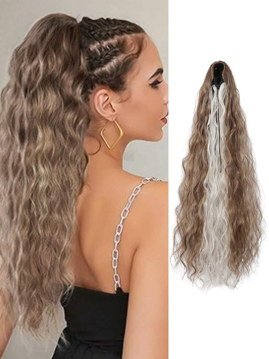 20英寸棕灰色燙染高光,長捲曲假馬尾辮,夾式合成髮捲工具,女士的馬尾髮延長配件 - 間色 - 查看 1