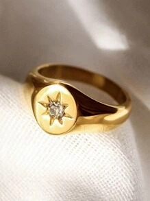 1 件簡約設計星形鑲嵌戒指週年紀念禮物女士日常佩戴派對配件 - 金色 - 查看 1