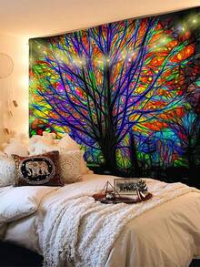 1入組彩色樹木和植物圖案紡織掛毯,附3個壁掛釘和2個夾子,帶有披肩感的長方形印花掛布,適用於客廳、臥室、廚房裝飾 - 彩色 - 查看 4