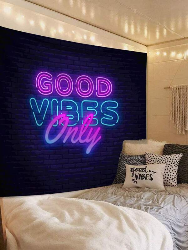 1pc Textile Wall Tapestry With Letter & Good Vibes Pattern, Including 3 Wall Nails And 2 Clips, Rectangular Printed Home Decorative Hanging Cloth With Drape For Living Room, Bedroom, Kitchen, Flag For Room, Room Decor, Tapestry, Wall Decor, Wall Art ,Room Stuffs, Flags For Room, Tapestry