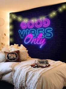 1pc Textile Wall Tapestry With Letter & Good Vibes Pattern, Including 3 Wall Nails And 2 Clips, Rectangular Printed Home Decorative Hanging Cloth With Drape For Living Room, Bedroom, Kitchen, Flag For Room, Room Decor, Tapestry, Wall Decor, Wall Art ,Room Stuffs, Flags For Room, Tapestry - Multicolor - View 4