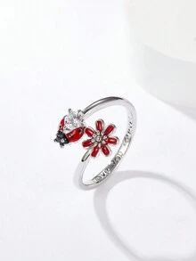 H Z JEWERLY 1 Stylish And Simple Decorated Platinum-Plated Cold Enamel Craft Love You Forever Insect Element Beetle & Flower Ring Suitable For Daily Wear By Women, Holiday Parties, Thanksgiving, And Gifts For Loved Ones - Multicolor - View 5