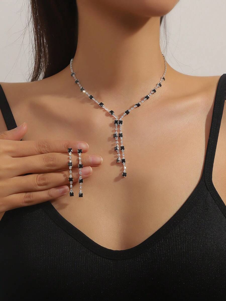 3入組時尚鑲嵌鑽石項鍊和耳環套裝 - 彩色 - 查看 1