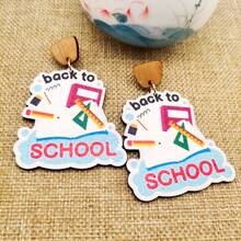 2024年歐美返校單面印花木質掛墜耳環,校園學生日常簡約耳環1對 - 彩色的 - 查看 4