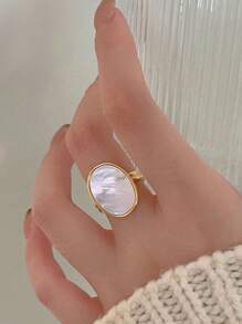 1 件纯银 S925 银复古优雅时尚椭圆形白色贝壳镀 18K 金开口指环适合女士女孩日常生活派对珠宝礼物 - 金色 - 查看 1