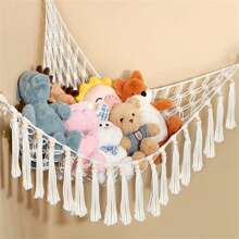 1pc Boho Stuffed Animals Net Or Hammock, Storage Corner Hanging Net Holder, Mesh Hammock Plush Toy Organizer With Tassel & Hooks For Bedroom Decor - Beige - View 4