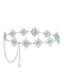 1pc Women's Vintage Turquoise Beaded Metal Skirt Belly Chain, Simple & Versatile Body Chain For Pants, Silver - Silver - View 1