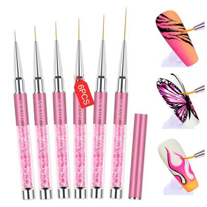 SAVILAND Saviland 6pcs Nail Art Liner Brushes Set - Nail Brush Gel Polish Painting Nail Art Design Brushes Pen With Crushed Diamond Rhinestone Handle For Pulling Lines,Sizes 7/9/11/13/17/23 Mm